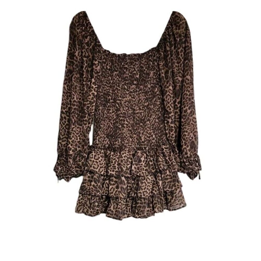 Olivaceous Leopard Print Ruffle Mini Dress Smocked Boho Black Brown Size Small